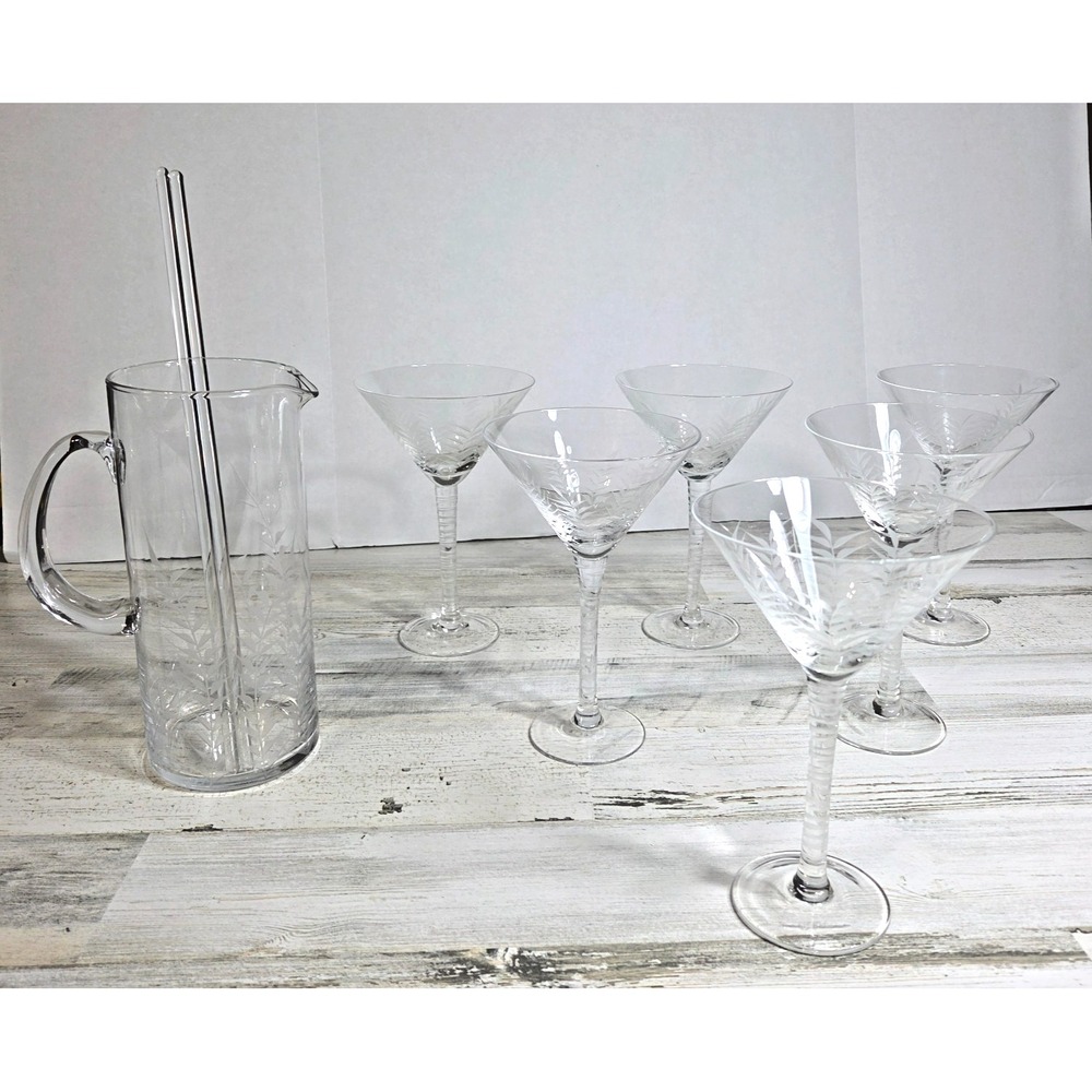 Tommy Bahama Etched Palm Martini Glass Set Pitcher 6 Glasses 2 StirRods Complete